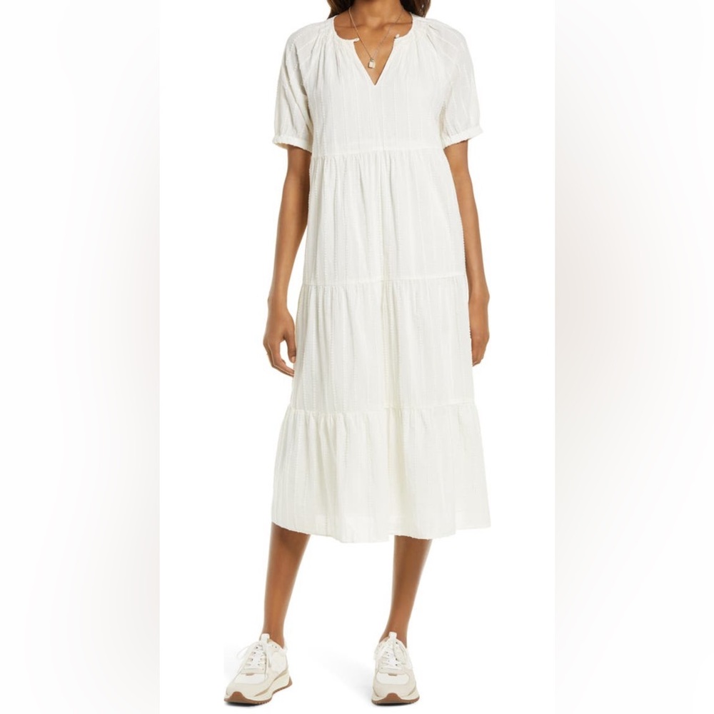 Madewell Textured Stripe Bubble Sleeve Tiered Cream Midi Dress